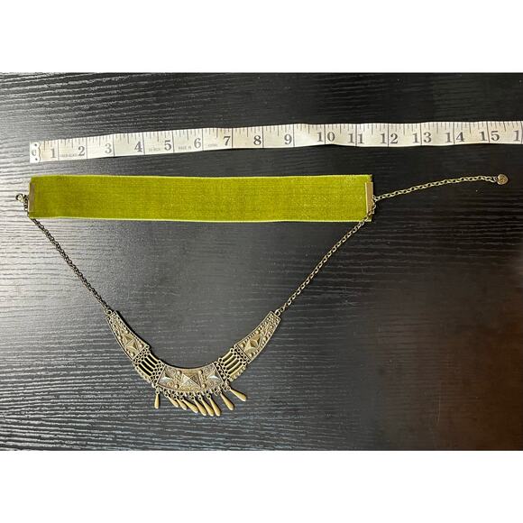 Handmade Upcycled Chartreuse Green Choker with Tribal Style Chain & Drop Beads - Picture 5 of 6